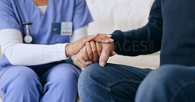 Buy stock photo Nurse, patient and holding hands closeup for results news, consultation or test diagnosis support. Medical worker, person and fingers touch for anxiety stress empathy, wellness or report exam hope