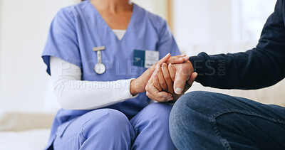 Buy stock photo Nurse, patient and holding hands closeup for diagnosis news, consultation or test result support. Medical worker, person and fingers touch for anxiety stress or empathy wellness, report or exam hope