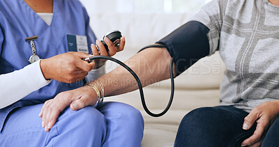 Buy stock photo Nurse, patient and blood pressure closeup for reading results, consultation or test pulse. Medical worker, old female person or vital machine for service report, wellness exam or hypertension problem