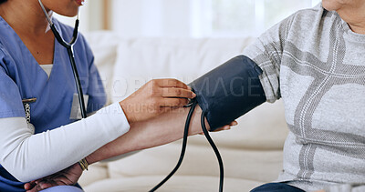 Buy stock photo Nurse hands, home and blood pressure test for healthcare service, support and caregiver for medical monitor. ADN worker or doctor with patient arm, stethoscope or helping in hypertension exam on sofa