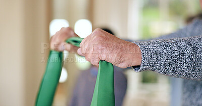 Buy stock photo Hands, man and stretching resistance band for exercise, muscle or rehabilitation for strong arms in physio. Elderly, healthcare and person with equipment, workout or physical therapy training 