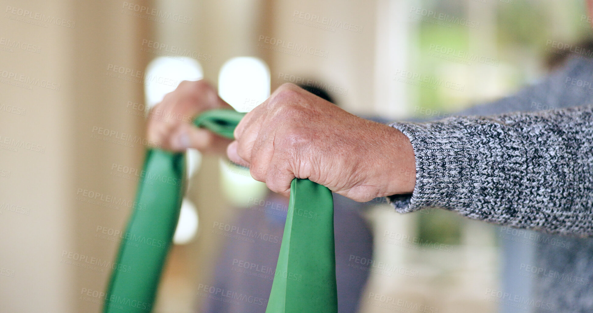 Buy stock photo Hands, man and stretching resistance band for exercise, muscle or rehabilitation for strong arms in physio. Elderly, healthcare and person with equipment, workout or physical therapy training 