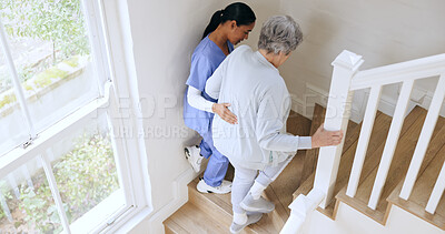 Buy stock photo Nurse, senior woman and support on stairs, help and walk in nursing home. Caregiver, assistance on steps and elderly patient with a disability, injury or sick in rehabilitation for medical healthcare