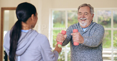 Buy stock photo Woman, elderly man and workout with dumbbells, health and happy for progress in nursing home. Personal trainer, physiotherapist and training for muscle, rehabilitation and exercise in retirement