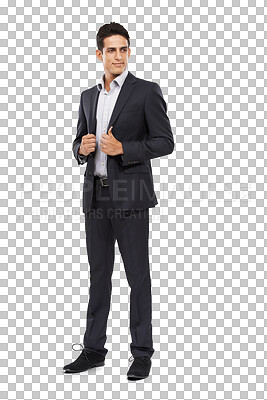 Buy stock photo Fashion, suit and business man confident in formal work clothes, corporate attire or company dress code. Pride, special occasion outfit and professional model isolated on transparent, png background