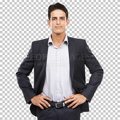 Buy stock photo Portrait, confidence and business man, salesman or agent for sales experience, job vocation or career commitment. Professional agent, consultant or seller isolated on transparent, png background