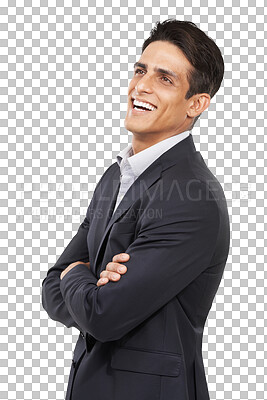 Buy stock photo Smile, crossed arms and young businessman thinking with positive, good and confident attitude. Happy, professional and male lawyer from Colombia with career isolated by transparent png background.