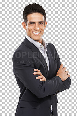 Buy stock photo Portrait, arms crossed and happy business man, lawyer or advocate legal work, law firm consultancy or services. Smile, government advisor or confident attorney isolated on transparent, png background