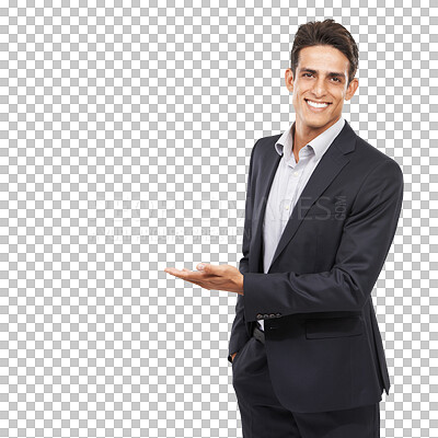 Buy stock photo Presentation, showing and portrait of business man on isolated, png and transparent background. Corporate, professional and happy worker with hand gesture for information, announcement and options