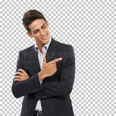 Buy stock photo Business, pointing and man with promotion, smile and employee isolated on a transparent background. Person, entrepreneur and agent with hand gesture, opportunity and decision with choice and png