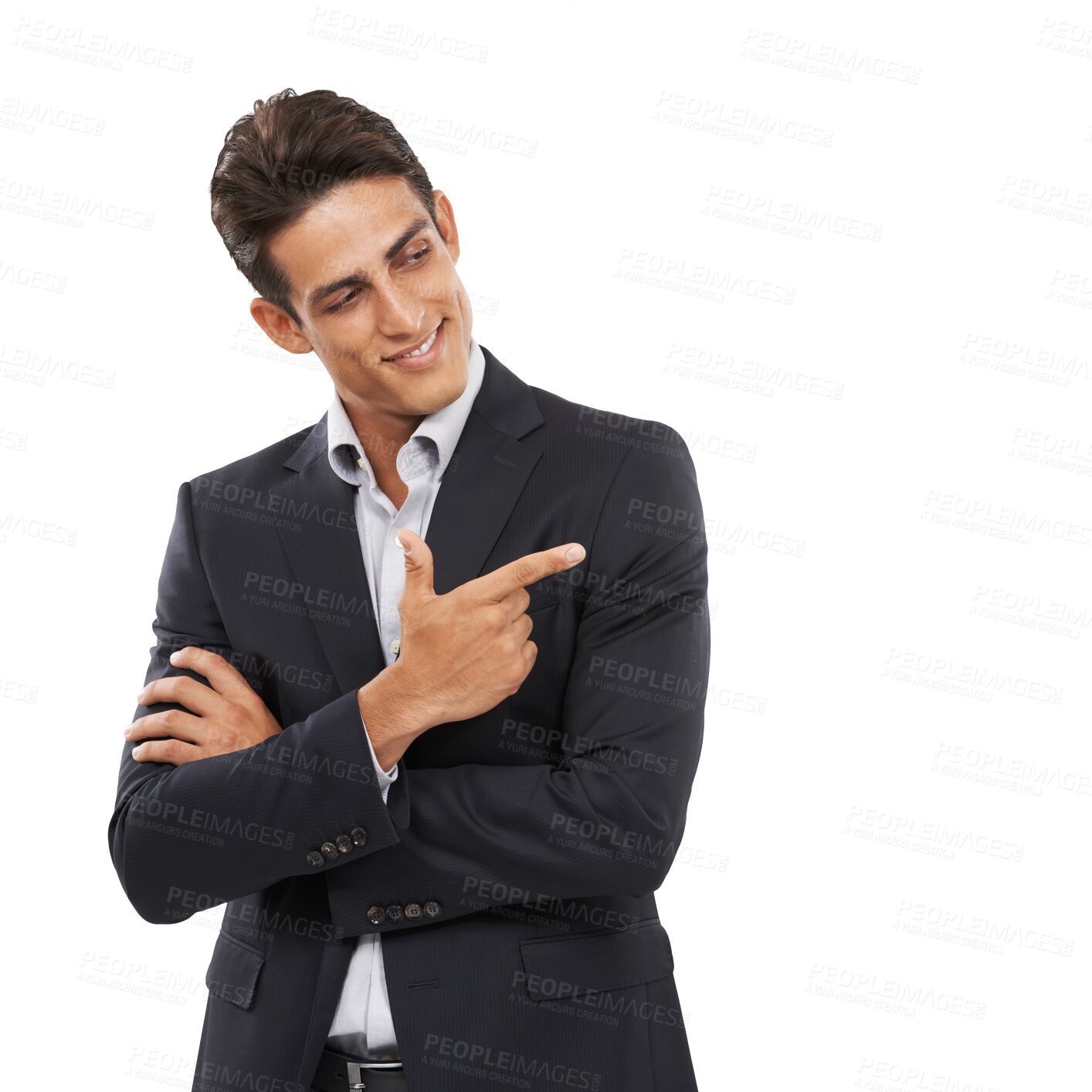 Buy stock photo Business, pointing and man with promotion, smile and employee isolated on a transparent background. Person, entrepreneur and agent with hand gesture, opportunity and decision with choice and png