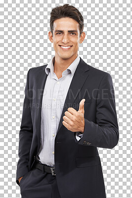 Buy stock photo Man, portrait and thumbs up for yes, happy and employee on isolated transparent png background. Businessman, career and person for occupation, positive and corporate for company, face and smile
