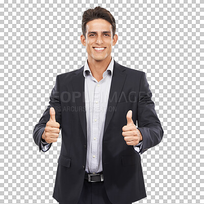 Buy stock photo Businessman, portrait and thumbs up for success, happy and employee on isolated transparent png background. Man, career and person for occupation, positive and corporate for company, face and smile
