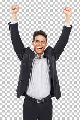 Buy stock photo Business, success and portrait of happy man with arms up celebration on isolated, transparent or png background. Startup, victory and face of entrepreneur cheering for profit, growth or investment