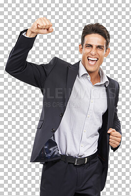 Buy stock photo Winner, fist and portrait of business man in celebration on isolated, transparent or png background. Startup, goal or face of entrepreneur with cheering hands for profit, growth or investment success