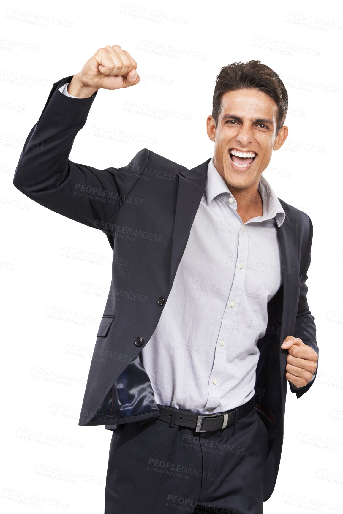 Buy stock photo Winner, fist and portrait of business man in celebration on isolated, transparent or png background. Startup, goal or face of entrepreneur with cheering hands for profit, growth or investment success