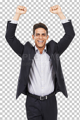 Buy stock photo Portrait, success and happy business  man with arms up celebration on isolated, transparent or png background. Startup, victory and face of entrepreneur cheering for profit, growth or investment