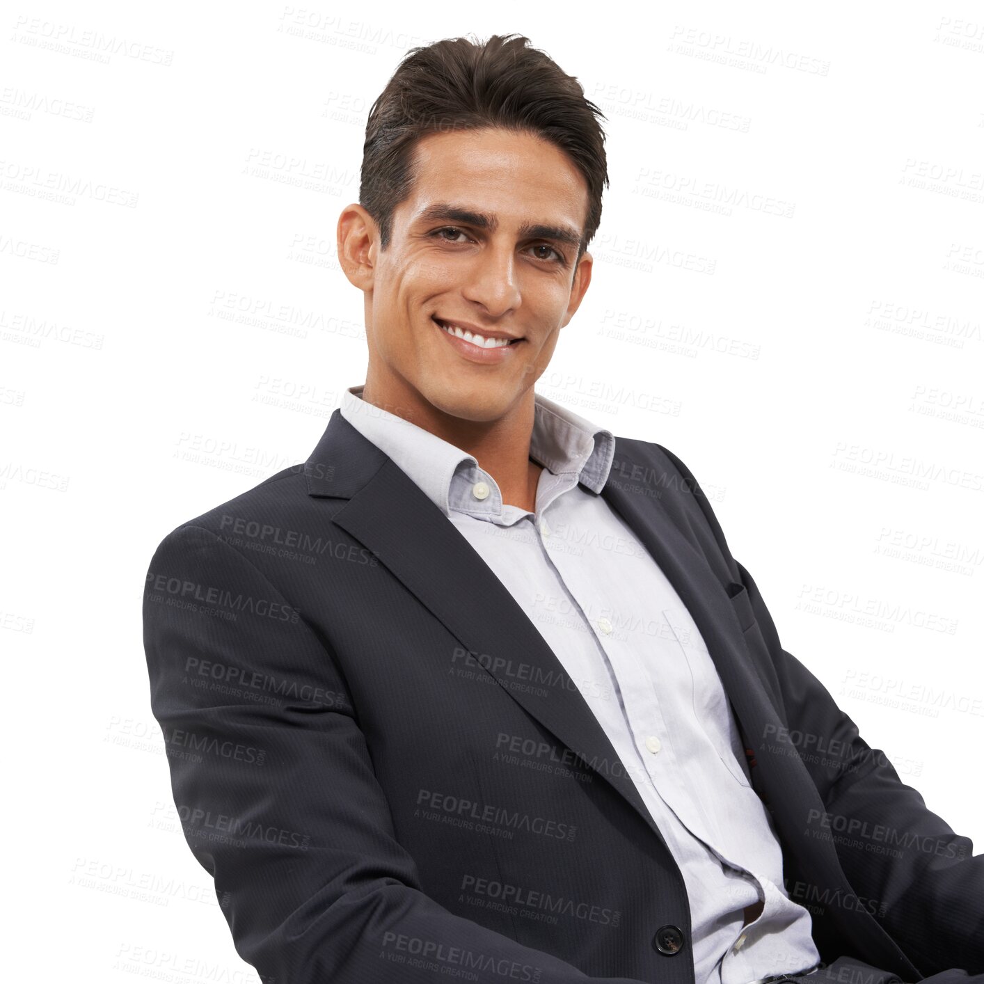 Buy stock photo Smile, portrait and young businessman with success for positive, good and confident attitude. Happy, professional and male lawyer from India with career isolated by transparent png background.