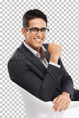 Buy stock photo Portrait, chair and professional psychologist, happy man or psychiatrist smile for job experience, work pride or career. Confident, trust and psychology expert isolated on transparent, png background