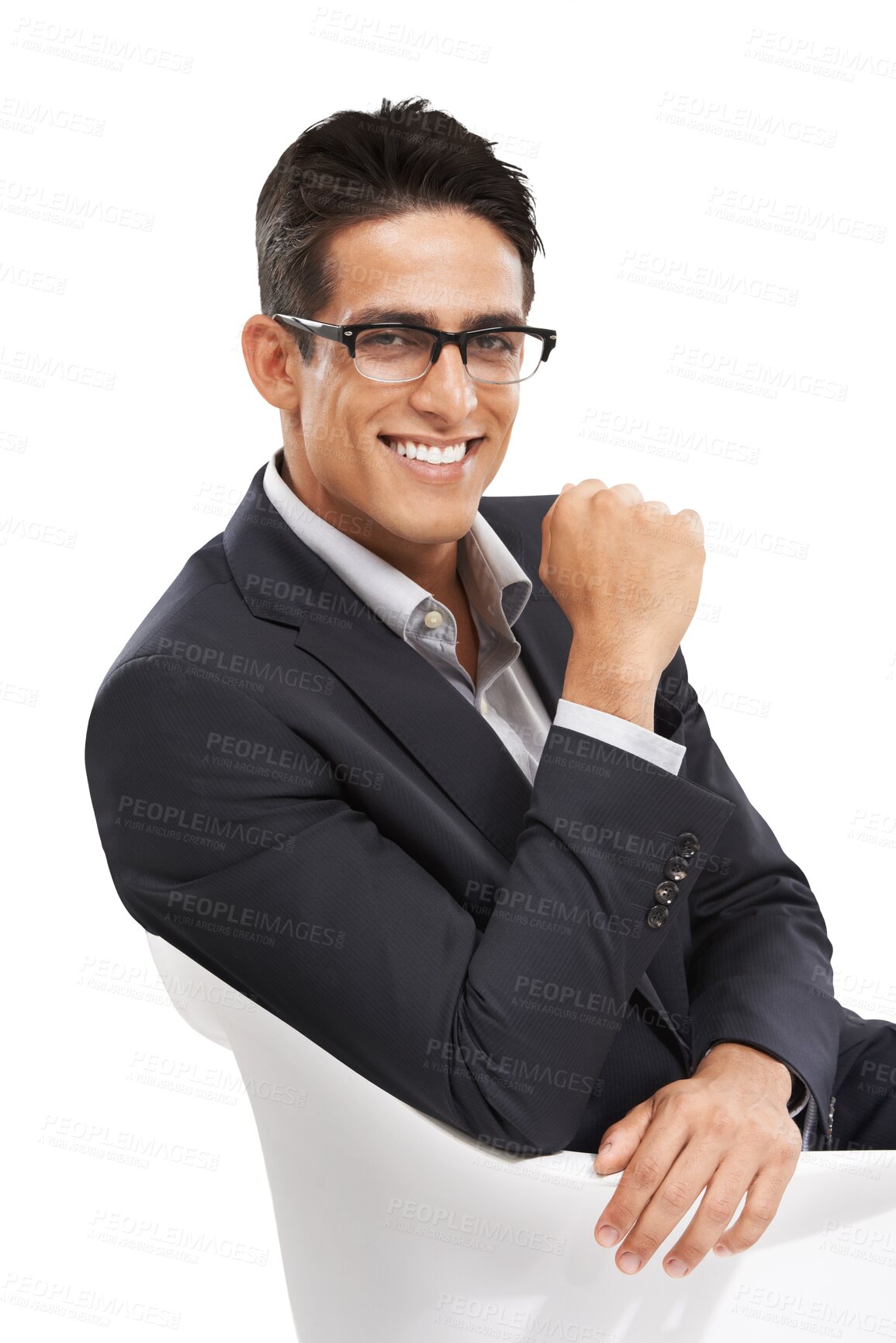 Buy stock photo Portrait, chair and professional psychologist, happy man or psychiatrist smile for job experience, work pride or career. Confident, trust and psychology expert isolated on transparent, png background