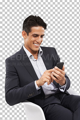 Buy stock photo Smile, businessman on chair and phone isolated on transparent png background. Manager, office worker or happy man with professional job, relax and smartphone for networking, communication or chat.