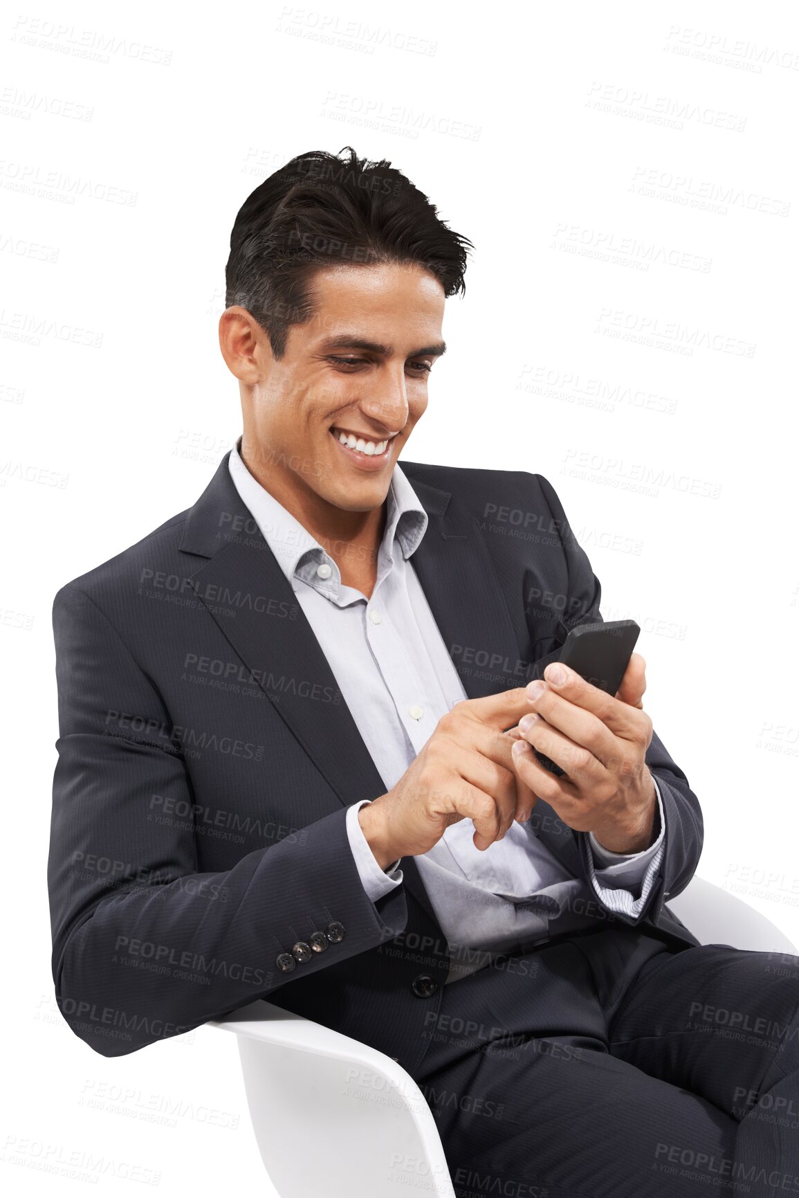 Buy stock photo Smile, businessman on chair and phone isolated on transparent png background. Manager, office worker or happy man with professional job, relax and smartphone for networking, communication or chat.