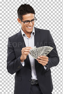 Buy stock photo Happiness, money and professional man with finance budget, 401k or investment success, credit cashback or profit. Cash, dollars and rich winner counting wealth isolated on transparent, png background