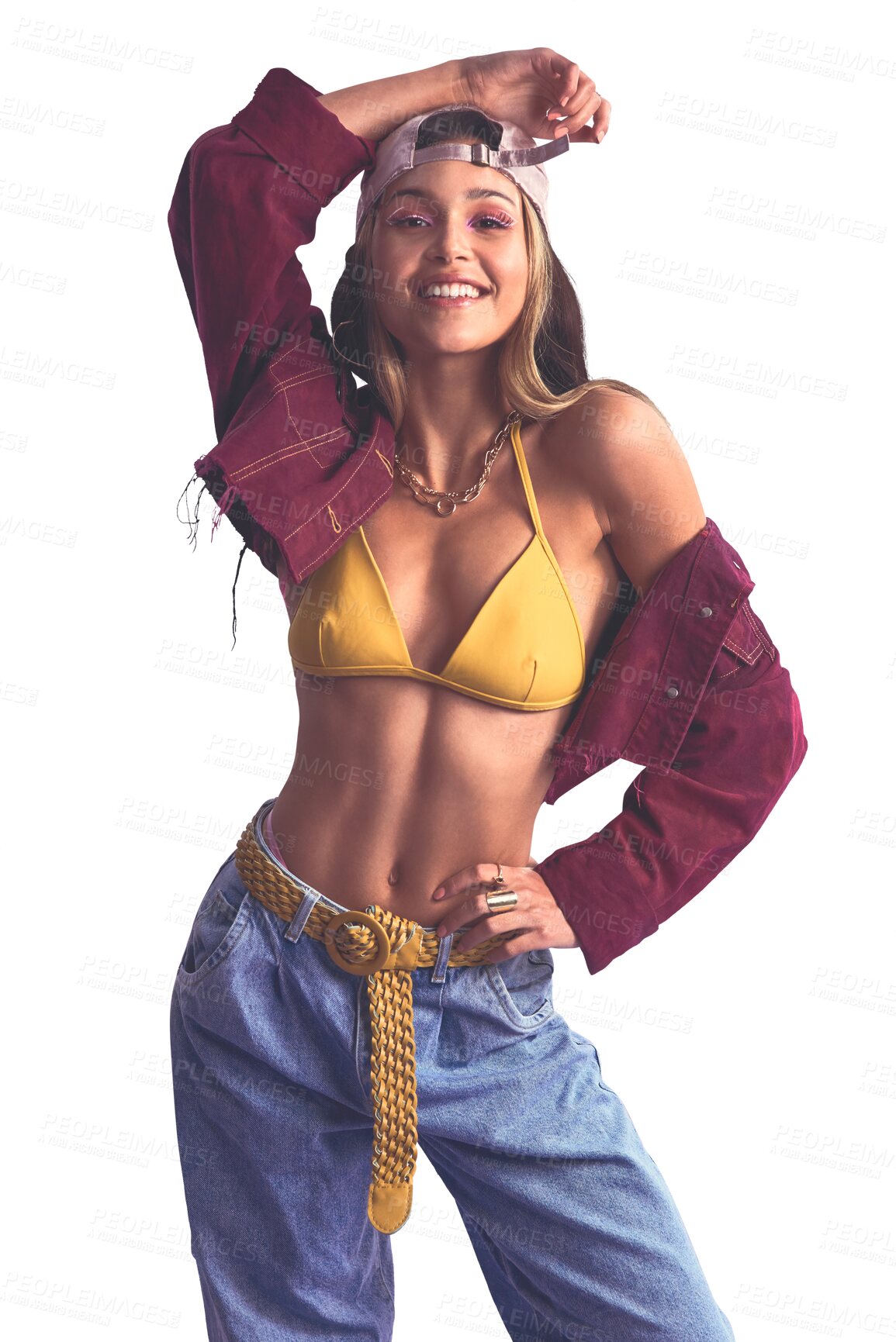 Buy stock photo Fashion, happy and portrait of young woman with stylish, trendy and cool retro outfit for confidence. Smile, vintage and full body of female model with style isolated by transparent png background.