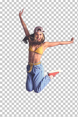 Buy stock photo Portrait, energy and freedom with a woman jumping in celebration while isolated on a transparent background. Winner, motivation and success with a confident young person on PNG for achievement