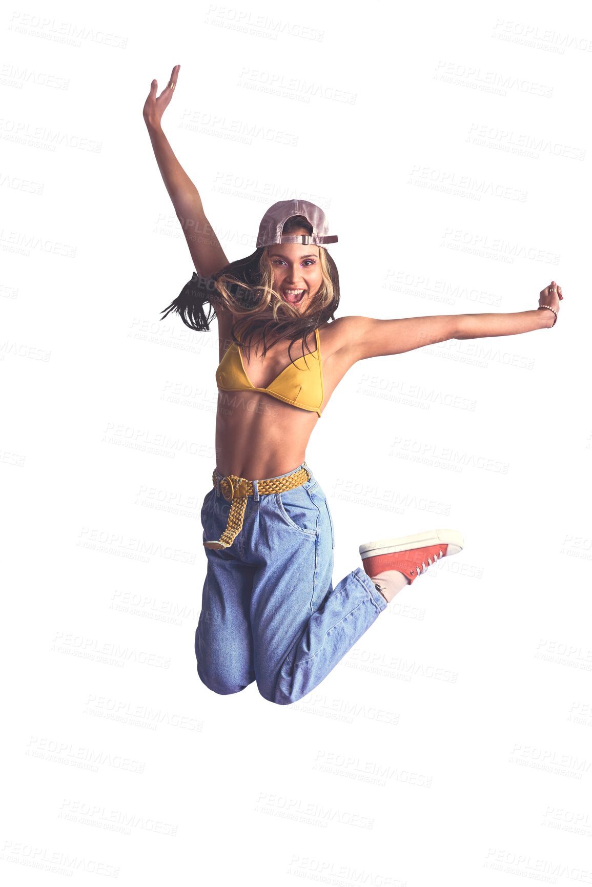 Buy stock photo Portrait, energy and freedom with a woman jumping in celebration while isolated on a transparent background. Winner, motivation and success with a confident young person on PNG for achievement