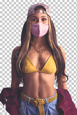 Buy stock photo Woman, fashion and mask in portrait, cool and trendy or stylish, isolated and transparent png background. Female person, cover face and covid 19 or virus protection, safety and security in pandemic