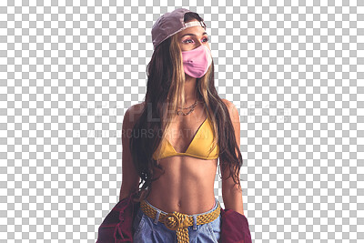 Buy stock photo Woman, fashion and face mask or stylish, cool and trendy or clothing, isolated and transparent png background. Female person, cover and covid 19 or virus protection, safety and security in pandemic