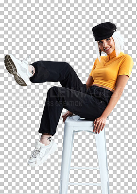 Buy stock photo Portrait, urban fashion and woman in chair with smile, relax and isolated on transparent png background. Sitting, fun gen z girl or happy model on stool with confidence, pride and unique identity.