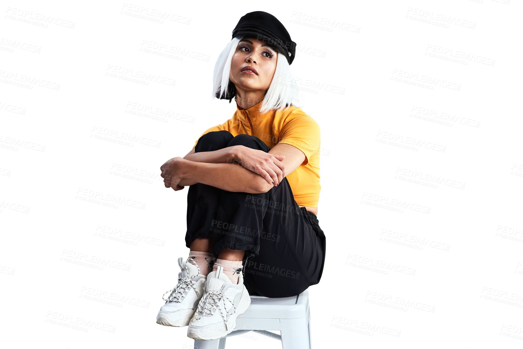 Buy stock photo Fashion, thinking and confidence of woman on stool isolated on a transparent png background. Idea, dream and young girl with arms crossed sitting, serious decision and cool, stylish or trendy clothes