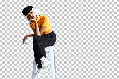 Buy stock photo Thinking, urban fashion and woman in chair with idea, relax and isolated on transparent png background. Brainstorming, gen z girl or model sitting on stool with confidence, pride and unique identity.