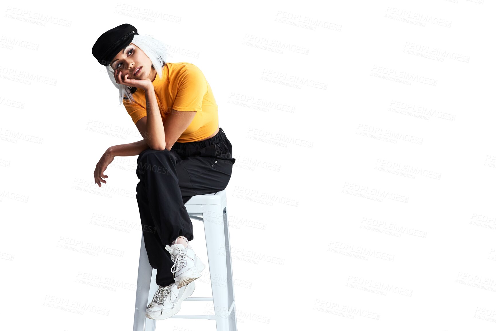 Buy stock photo Thinking, urban fashion and woman in chair with idea, relax and isolated on transparent png background. Brainstorming, gen z girl or model sitting on stool with confidence, pride and unique identity.