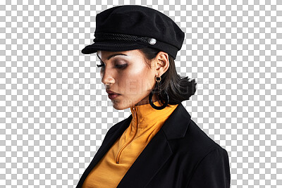 Buy stock photo Fashion, thinking and beauty of confident woman in makeup isolated on a transparent png background. Serious, idea and young girl or sad person in stylish hat, dream or vision in depression or anxiety