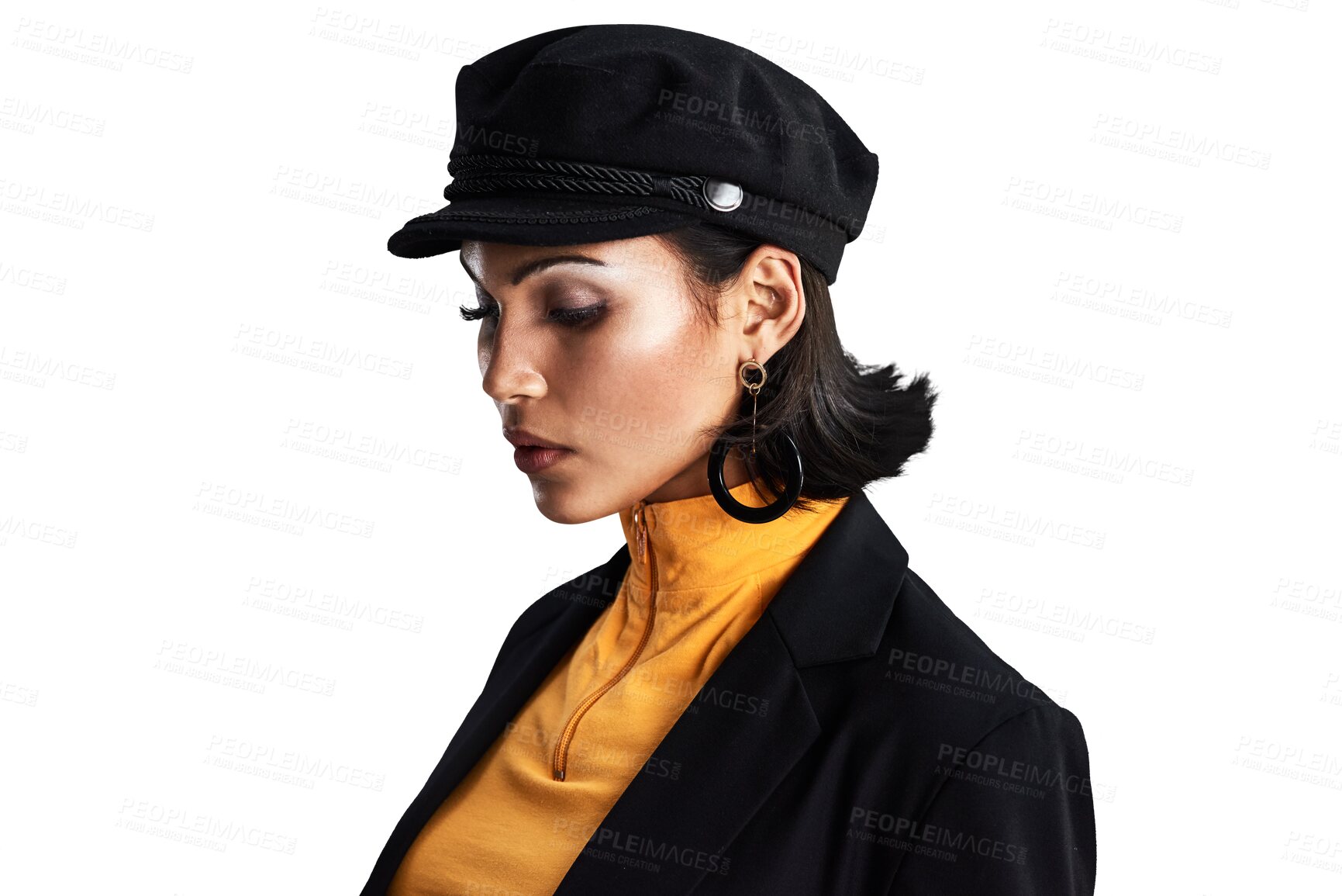 Buy stock photo Fashion, thinking and beauty of confident woman in makeup isolated on a transparent png background. Serious, idea and young girl or sad person in stylish hat, dream or vision in depression or anxiety