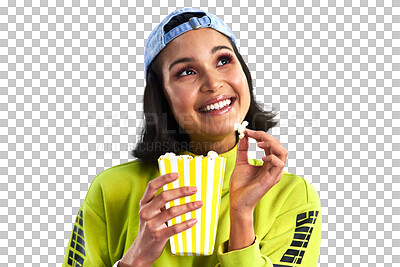 Buy stock photo Woman, popcorn and thinking on movie choice, decision and streaming online for entertainment. Female person, idea and contemplating on snack, subscription and isolated on transparent png background