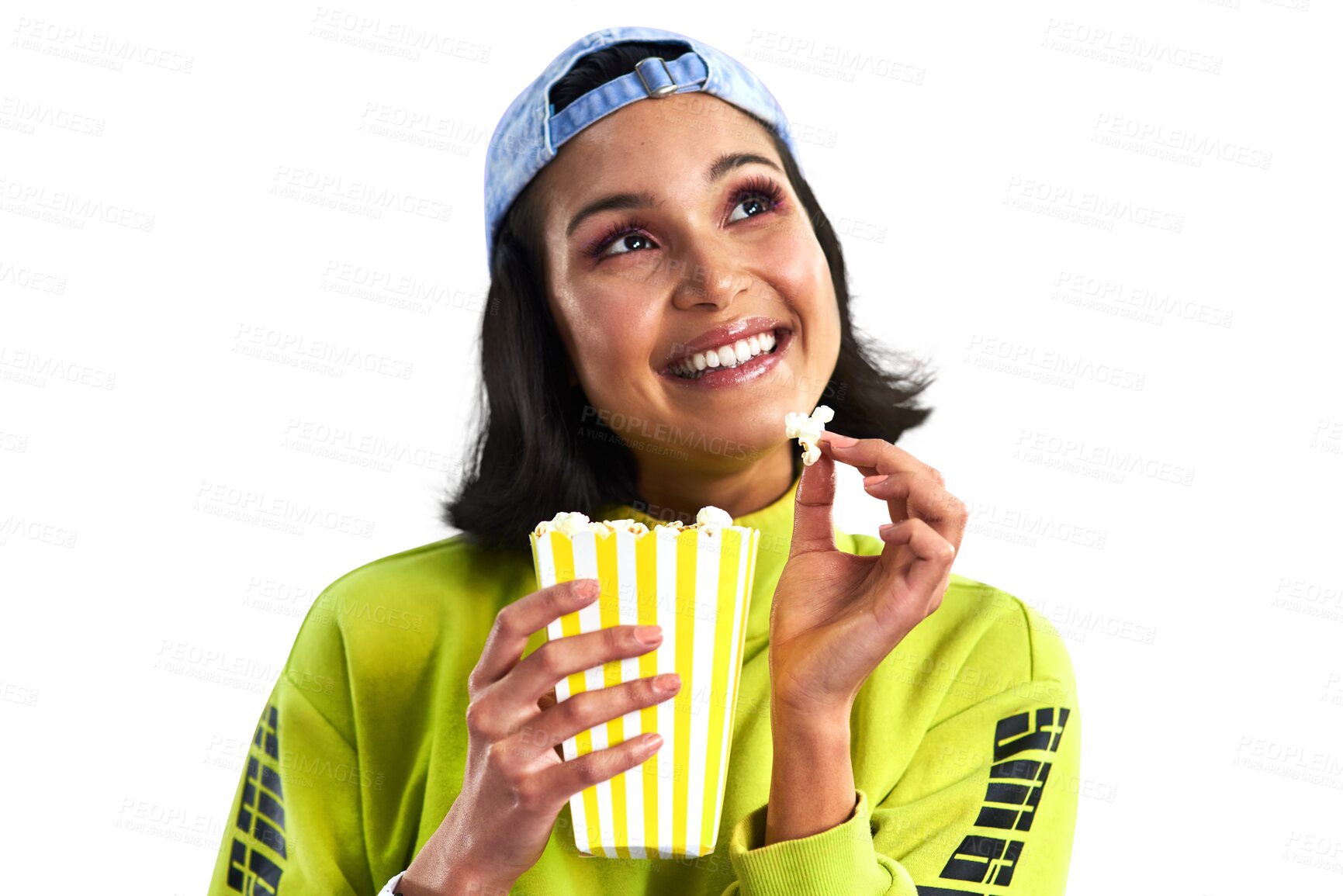 Buy stock photo Woman, popcorn and thinking on movie choice, decision and streaming online for entertainment. Female person, idea and contemplating on snack, subscription and isolated on transparent png background