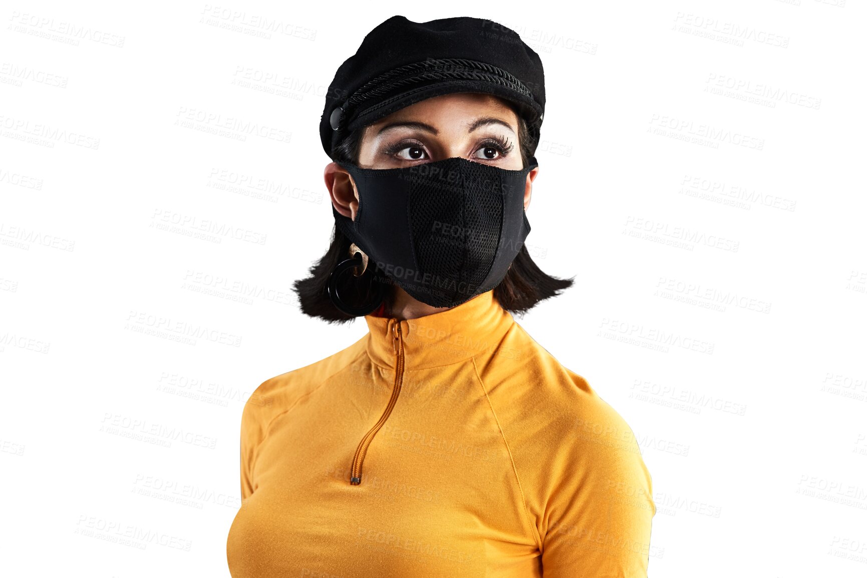 Buy stock photo Woman, fashion and face mask or retro, cool and trendy or vintage, isolated and transparent png background. Female person, cover and covid 19 or virus protection, safety and security in pandemic