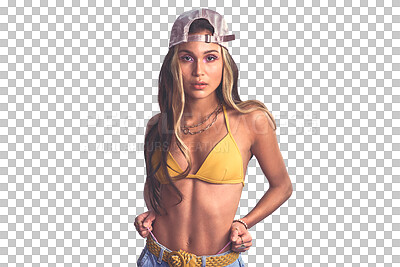 Buy stock photo Woman, bikini and trendy fashion in portrait with cool contemporary style for gen z aesthetic. Young model, confident and face with funky cap in summer top and isolated on transparent png background