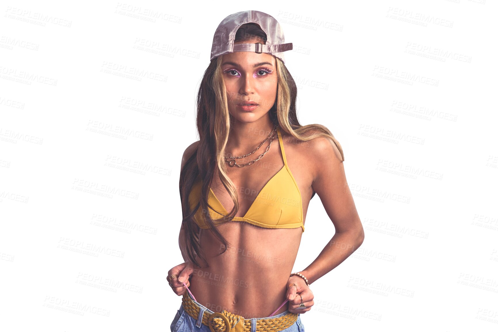 Buy stock photo Woman, bikini and trendy fashion in portrait with cool contemporary style for gen z aesthetic. Young model, confident and face with funky cap in summer top and isolated on transparent png background