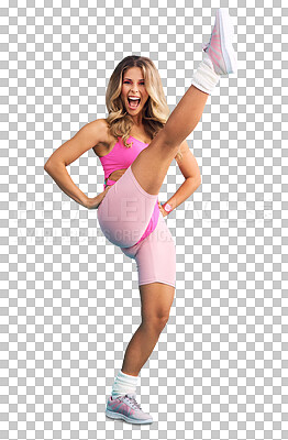 Buy stock photo Portrait, fitness and energy with a woman aerobics instructor isolated on a transparent background. Exercise, health and workout with an excited young personal trainer kicking on PNG for training