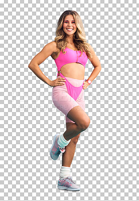 Buy stock photo Portrait, exercise and energy with a woman aerobics instructor isolated on a transparent background. Fitness, health and workout with an excited young personal trainer on PNG for training as a coach