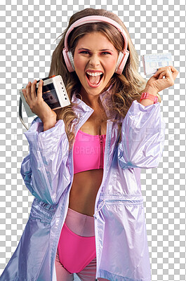 Buy stock photo Woman, fashion and portrait on walkman with headphones in fitness clothes, style and retro aesthetic. Model, happy and face with mixtape in neon gym outfit and isolated on transparent png background