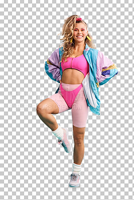 Buy stock photo Retro, fashion and portrait for model for 80s make up, happy and fitness clothes in vintage beauty with style. Young woman, face or smile in neon gym outfit or isolated on transparent png background