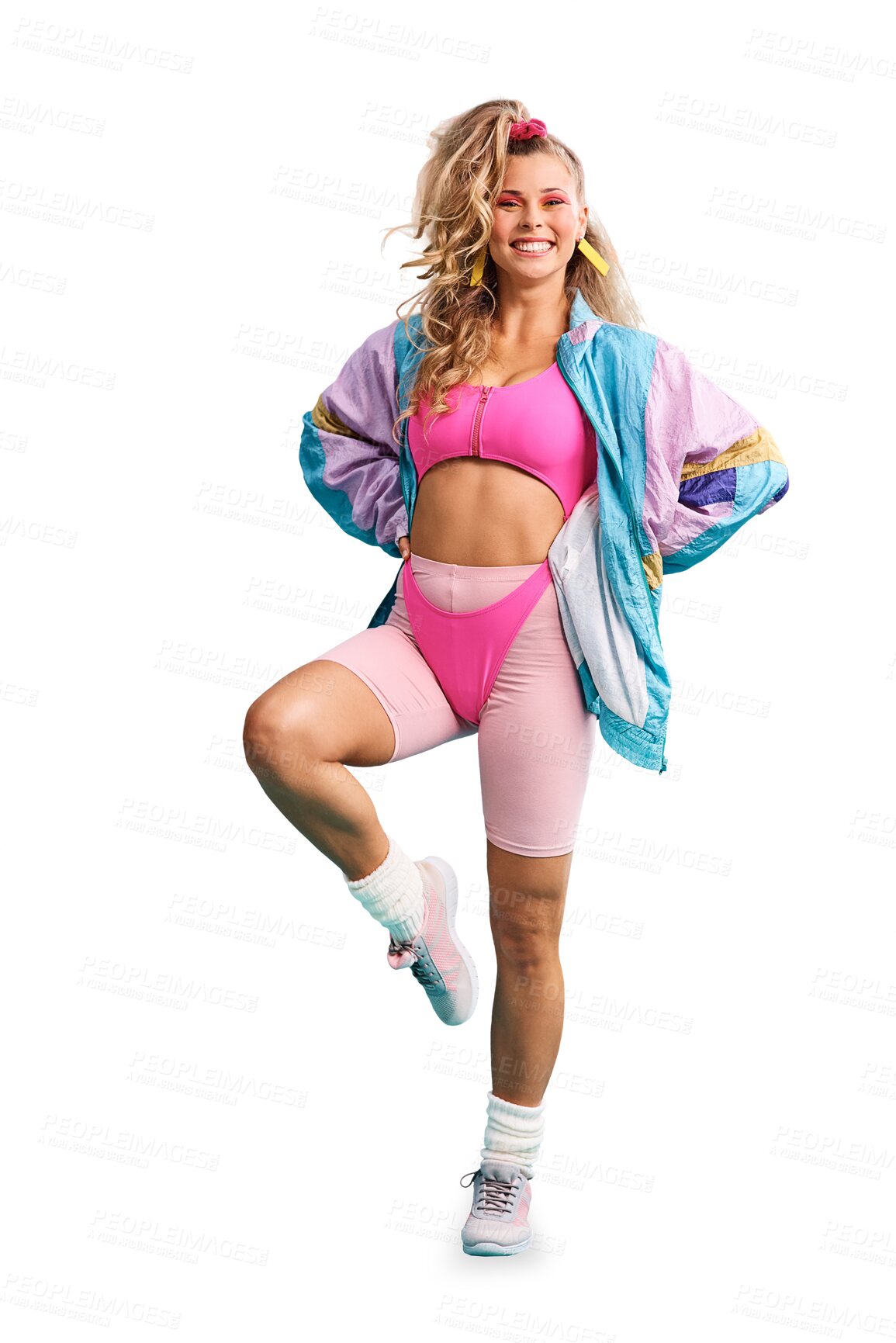 Buy stock photo Retro, fashion and portrait for model for 80s make up, happy and fitness clothes in vintage beauty with style. Young woman, face or smile in neon gym outfit or isolated on transparent png background