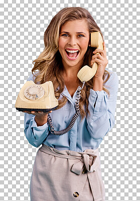 Buy stock photo Isolated woman, retro telephone and portrait with smile for fashion, talk or contact by transparent png background. Girl, phone call or happy for communication, network or speaking in vintage clothes