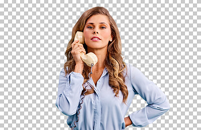 Buy stock photo Isolated woman, retro phone call and portrait with fashion, talking and contact by transparent png background. Girl, telephone and listening for communication, network and speaking in vintage clothes